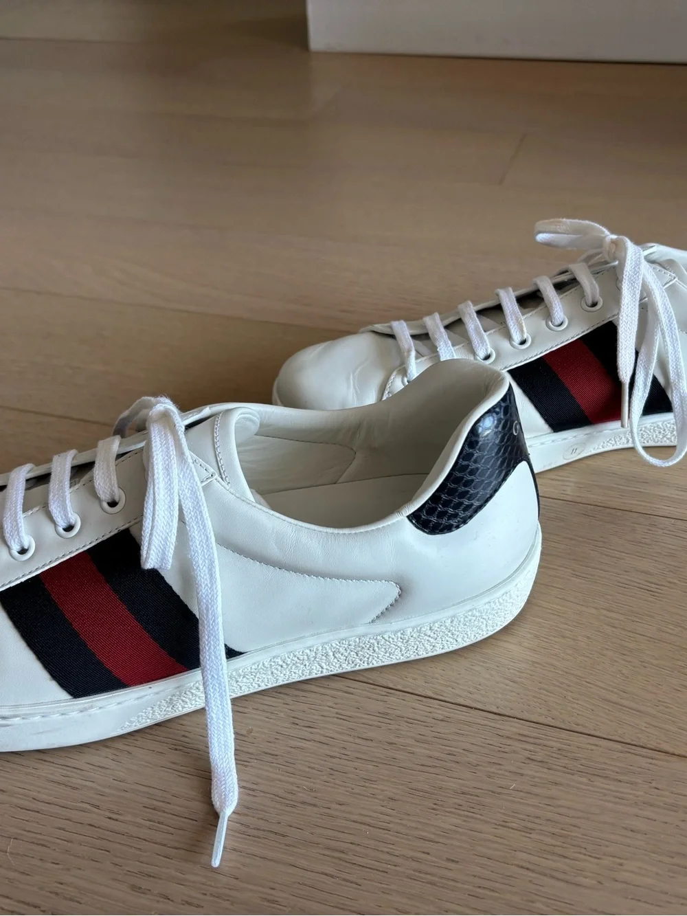 White Leather Lace-Up Sneakers with Red & Navy Stripe